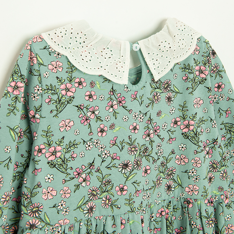 Φόρεμα μακρυμάνικο πράσινο με γιακά και στάμπα πολύχρωμα λουλουδάκια