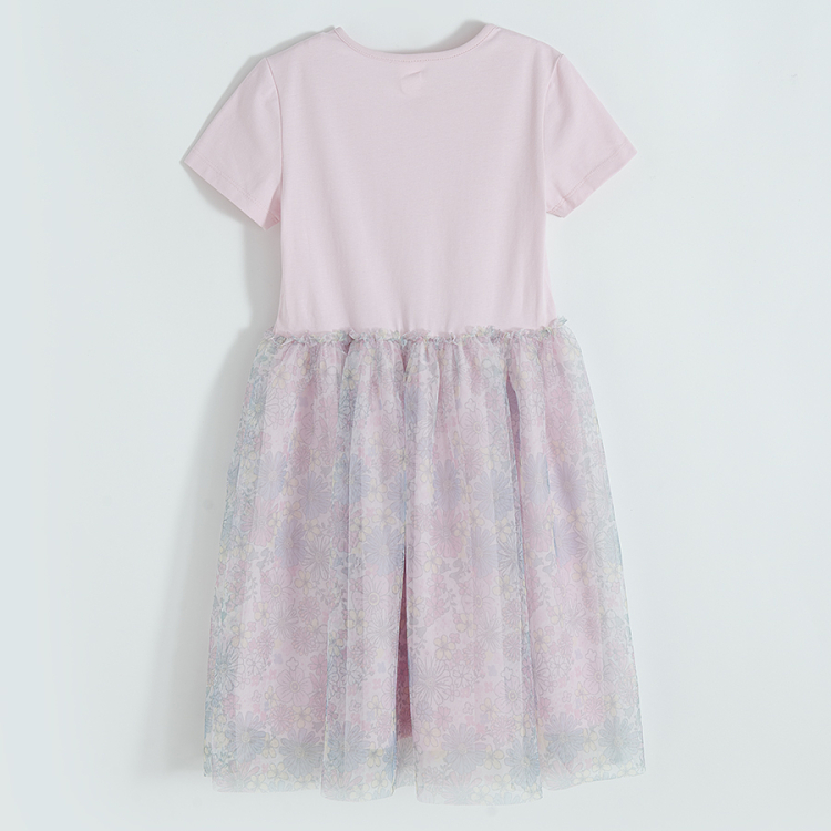Light purple short sleeve dress with flowers in the shape of heart on the top and tulle floral bottom
