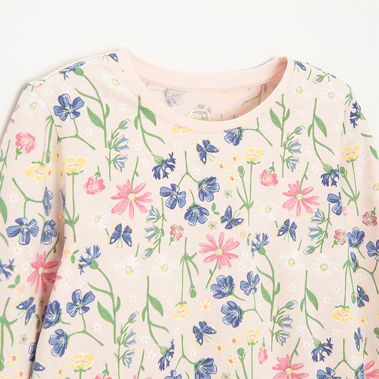 Φόρεμα μακρυμάνικο εκρού με στάμπα πολύχρωμα λουλούδια