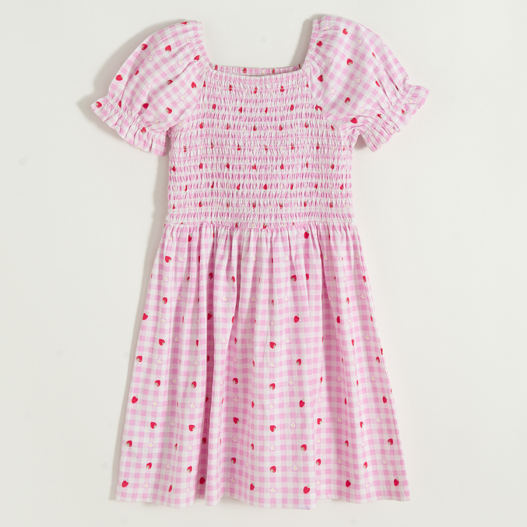 Pink checkered short sleeve dress with strawberries print