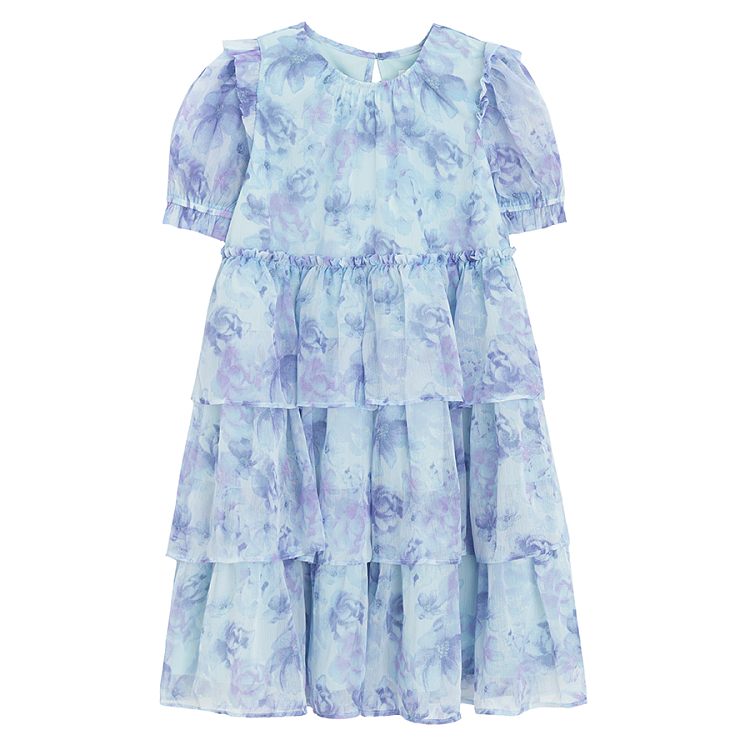 Φόρεμα κοντομάνικο γαλάζιο με στάμπα λουλούδια