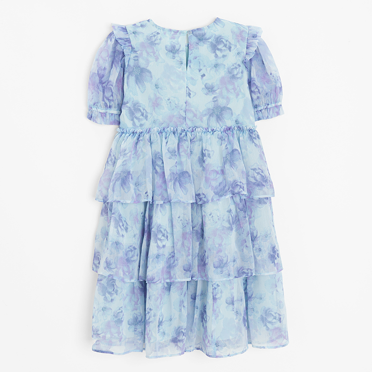Φόρεμα κοντομάνικο γαλάζιο με στάμπα λουλούδια