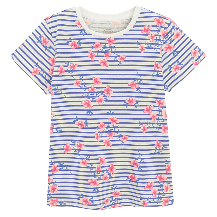 White and pink T-shirts with sea world prints and striped floral- 3 pack