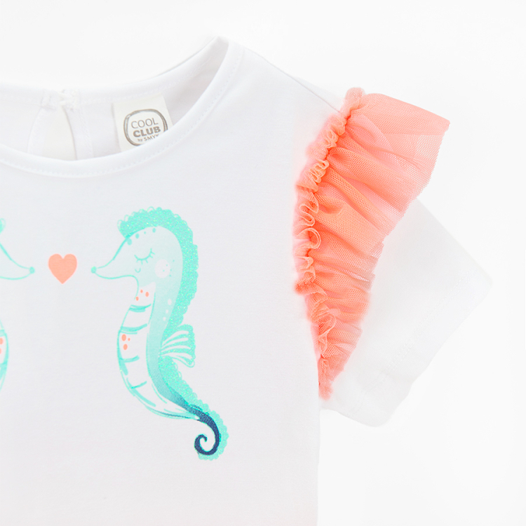 Short sleeve dress with sea horses print and pink tulle skirt