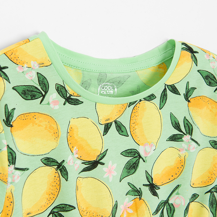 Green shorts leeve dress with lemons print
