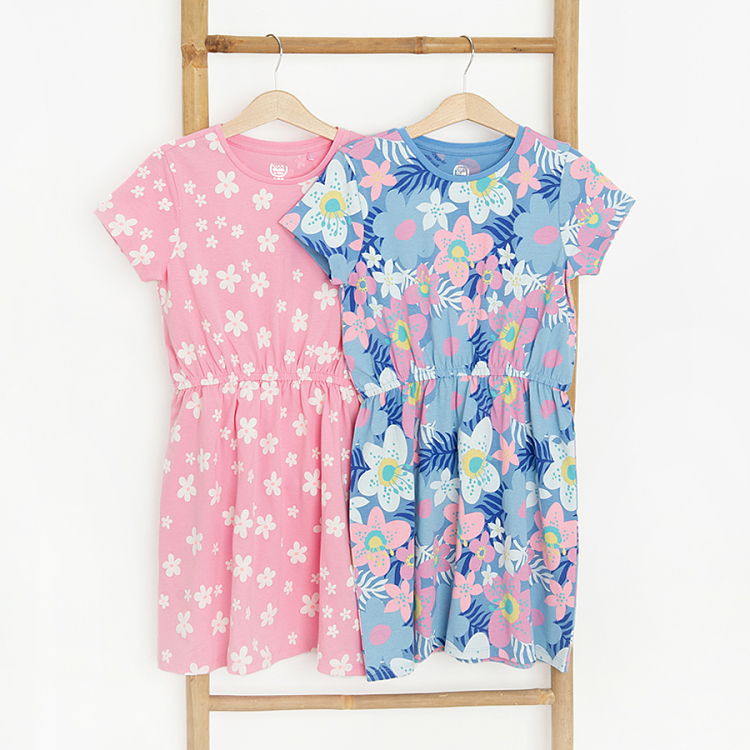 Pink and blue short sleeve dresses with flowers print- 2 pack