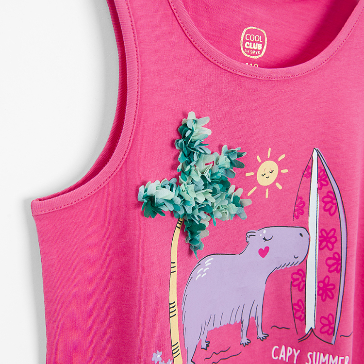 Pink sleeveless T-shirt with Vacay Mood print and fringes