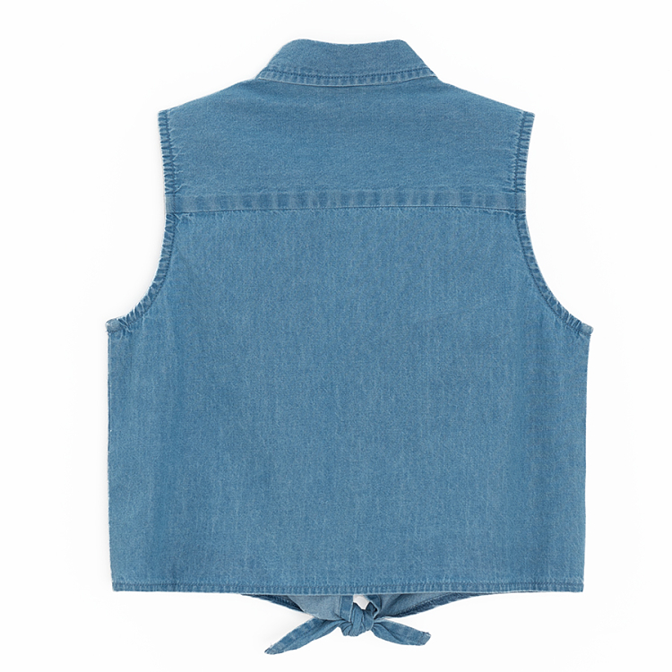 Denim sleeveless shirt with flaming print and knot