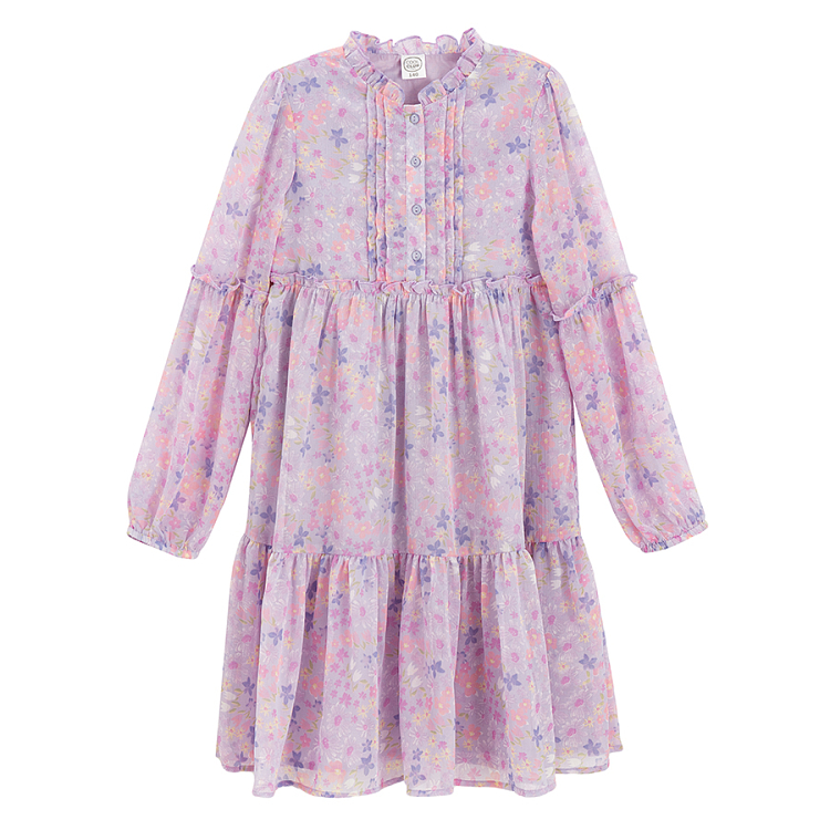 Pink long sleeve party dress with flowers print