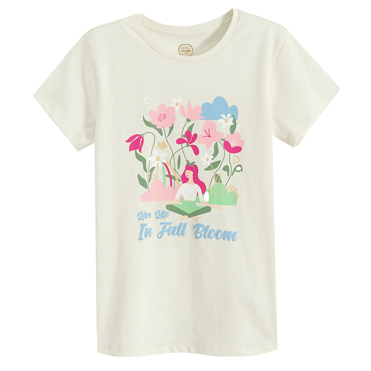 Ecru T-shirt with girl and flowers print- Live life in full bloom