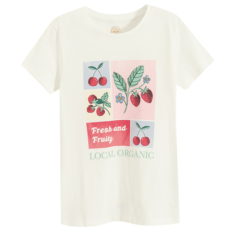 White T-shirt with cherries and strawbberies print