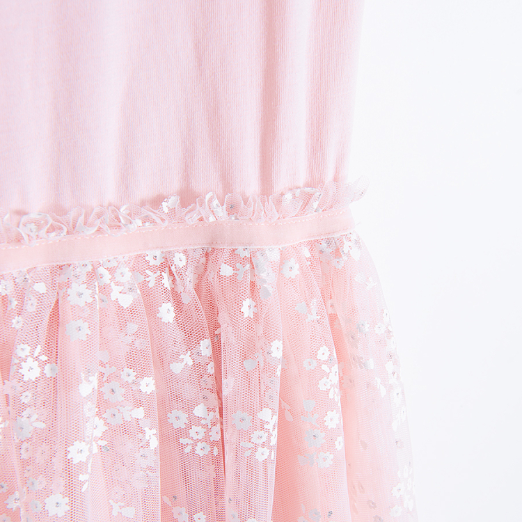 Φόρεμα κοντομάνικο ροζ με τούλινη φούστα