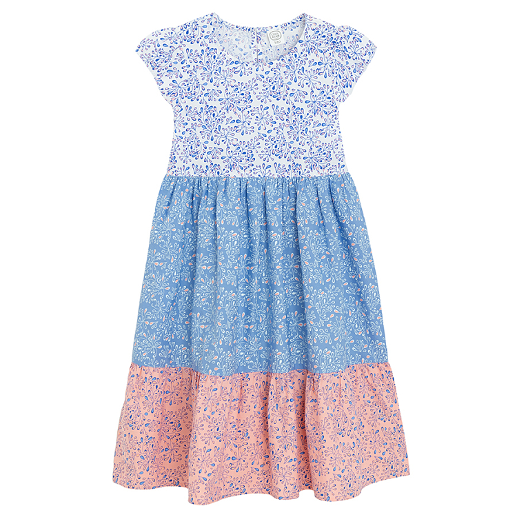 Φόρεμα κοντομάνικο λευκό, μπλε και ροζ με στάμπα λουλούδια