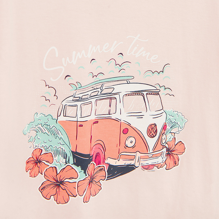 Pink T-shirt with bus and flowers print