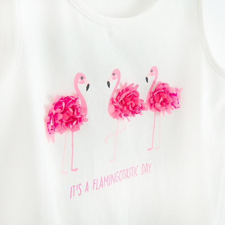White sleeveless T-shirt with flamingo print and fringes