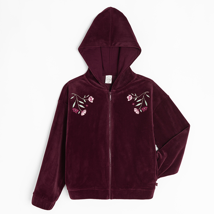 Burgundy zip through hooded sweatshirt with flowers print on top