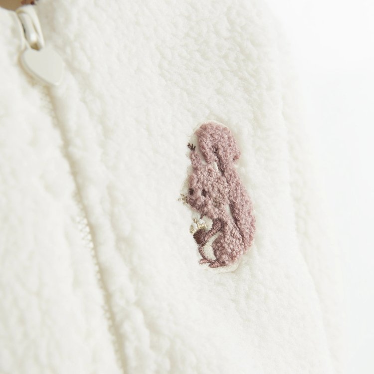 Ζακέτα λευκή fleece με φερμουάρ και στάμπα σκιουράκι