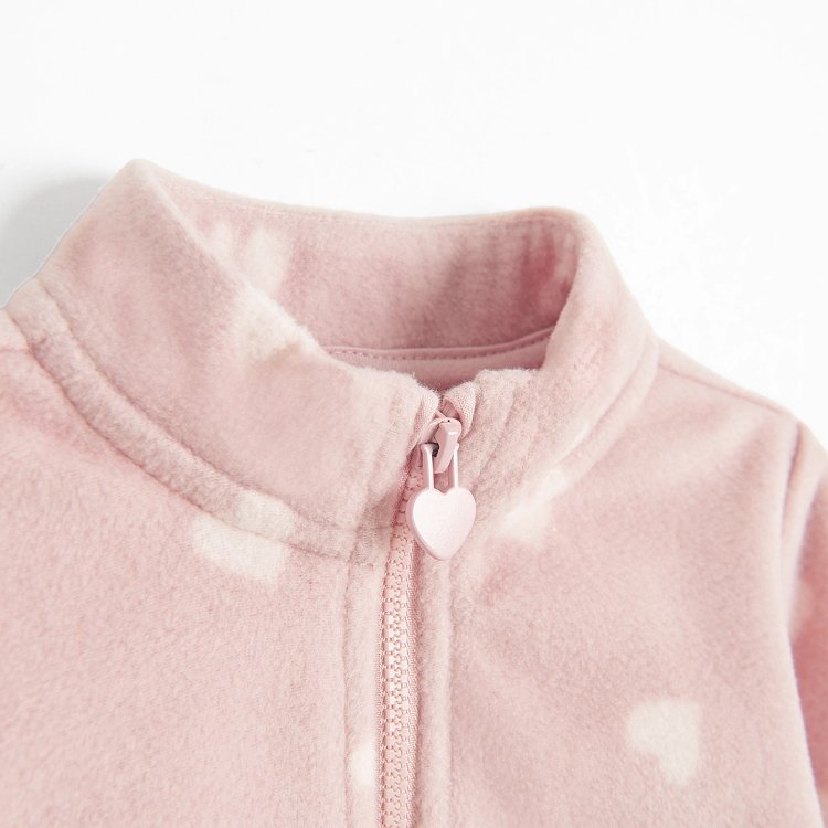 Σετ φόρμα 2 τμχ. ζακέτα fleece με φερμουάρ ροζ και παντελόνι φόρμα ροζ με στάμπα καρδούλες