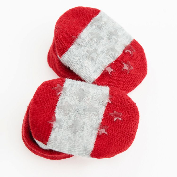 Red and grey socks with raindeer print