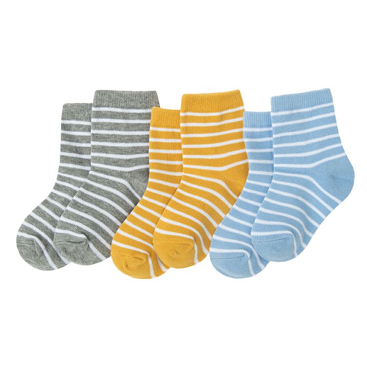 Κάλτσες 3 ζεύγη γκρι, κίτρινες και γαλάζιες με λευκές ρίγες