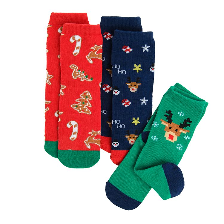 Κάλτσες 3 ζεύγη μπλε, πράσινες και κόκκινες με χριστουγεννιάτικα σχέδια