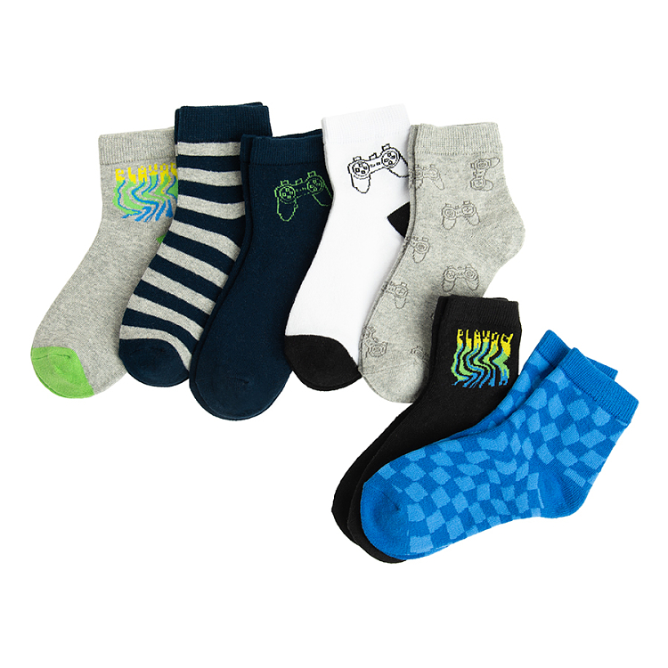 White, grey blue socks with gaming print- 5 pack