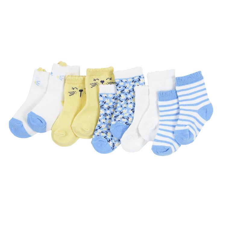 White yellow and light blue socks with kitten theme 5-pack