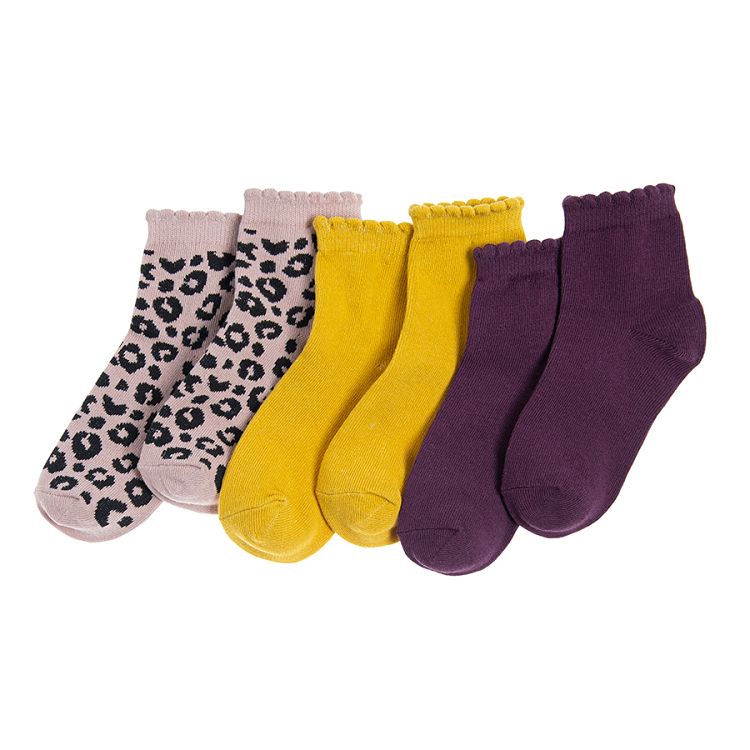 Κάλτσες 3 ζεύγη κίτρινες, μωβ και ροζ λεοπαρ