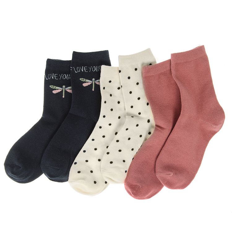 Pink white polka dot and blue with LOVE YOU print socks 3-pack