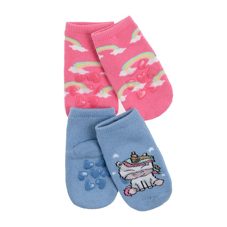 Κάλτσες μπλε και ροζ με σχέδιο μονόκερος και ουράνιο τόξο και αντιολισθητικές σόλες