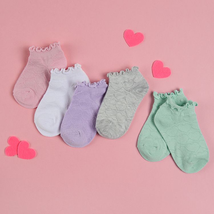 Κάλτσες 5 ζεύγη ροζ μωβ πράσινο λευκό γκρι με ανάγλυφες καρδιές και βολάν