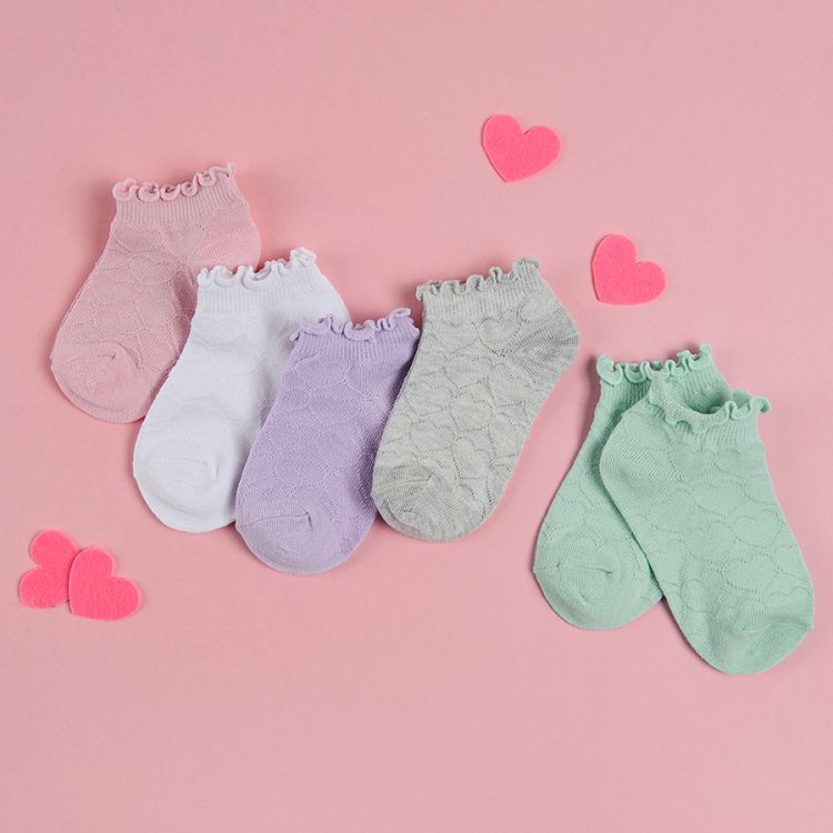 Κάλτσες 5 ζεύγη ροζ μωβ πράσινο λευκό γκρι με βολάν και ανάγλυφες καρδιές