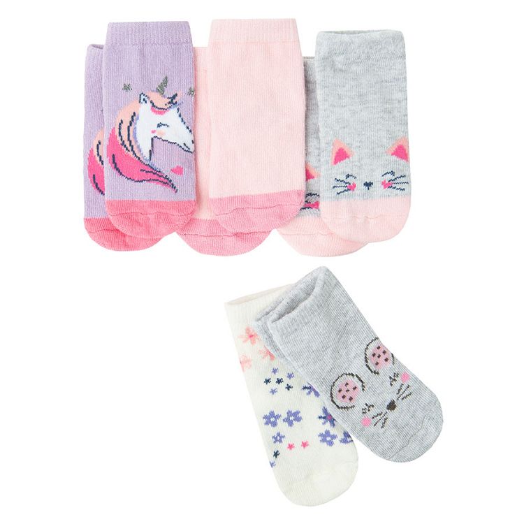 Pink unicorn, bunny, kitten, flower print socks - 5 pack