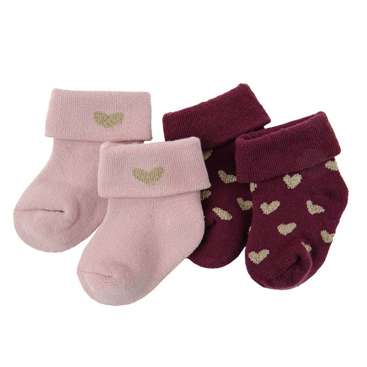 Κάλτσες 2 ζεύγη ροζ και μπορντό με στάμπα καρδούλες