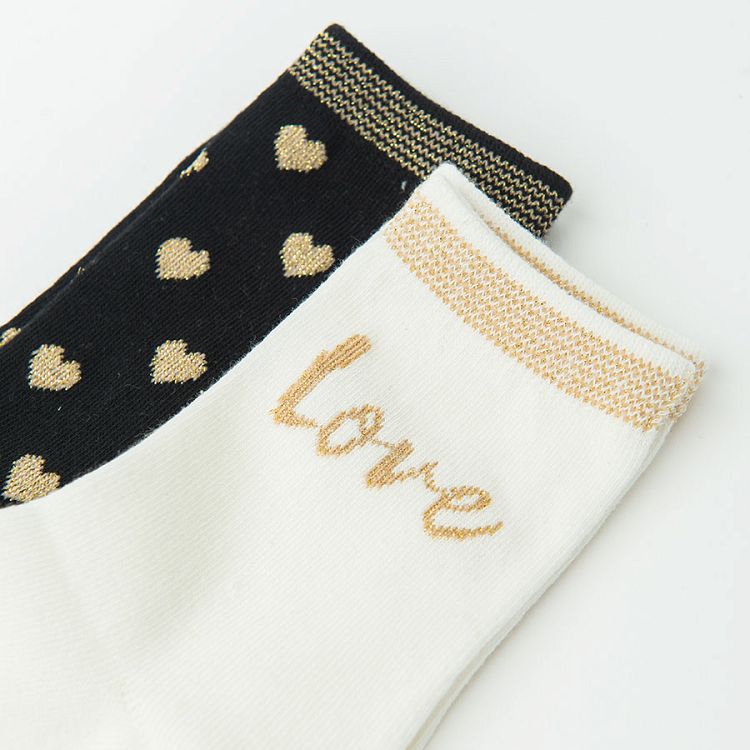Black with golden hearts and white with 'Love' print socks- 2 pack
