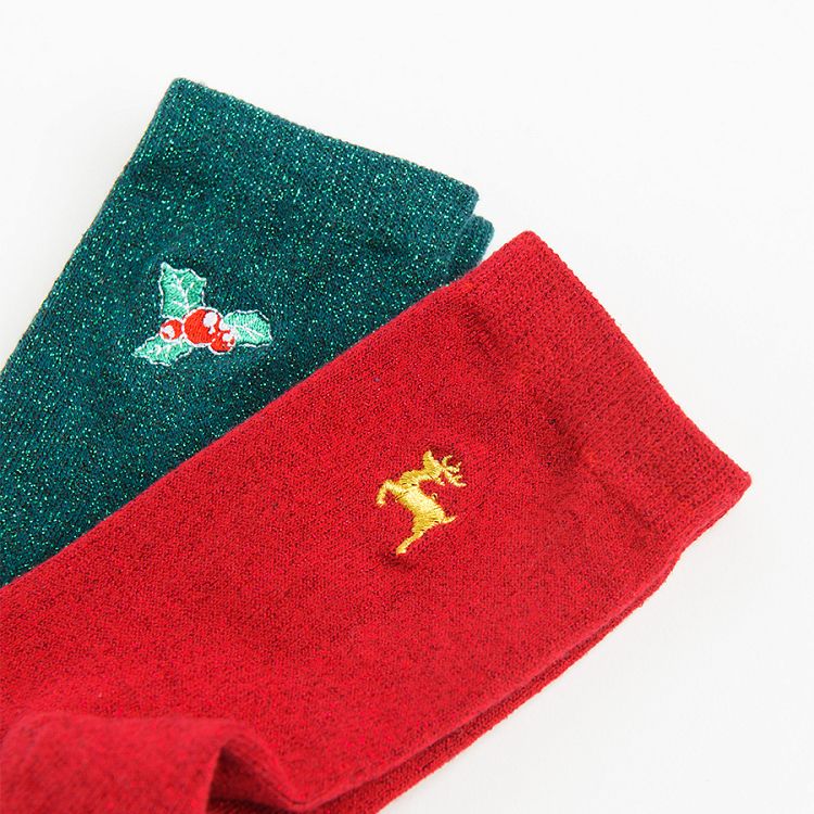 Κάλτσες 2 ζεύγη κόκκινες και πράσινες με κεντημένη στάμπα γκι και τάρανδος
