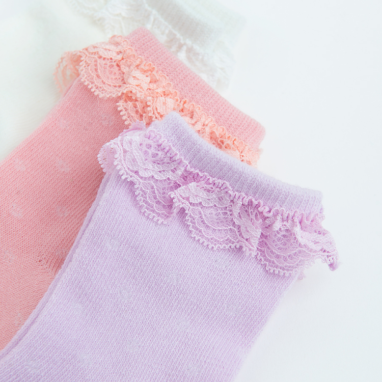 White, pink and purple socks with lace- 3 pack
