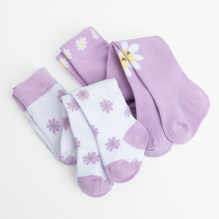 White and purple tights with daisies print- 2 pack