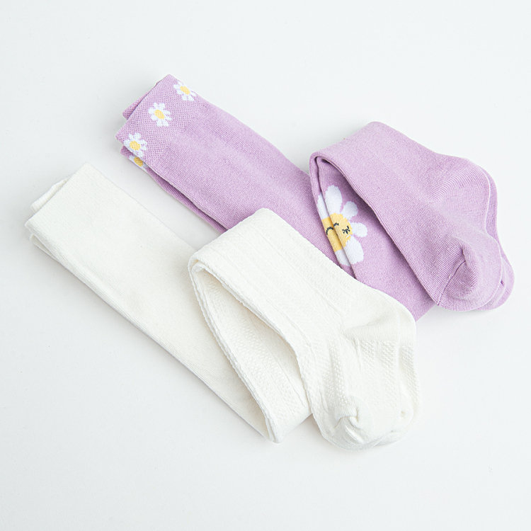 White and purple with flower print tights- 2 pack
