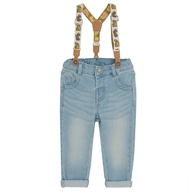 Denim pants with decorative straps