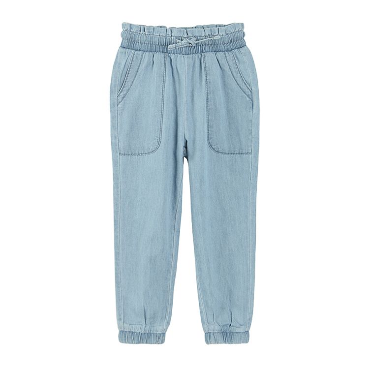 Denim trousers with elastic waist and pockets