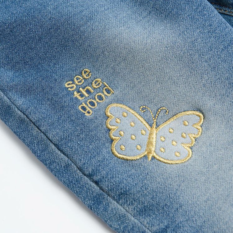 Παντελόνι τζιν μπλε με λάστιχο, κορδόνι και στάμπα πεταλούδα
