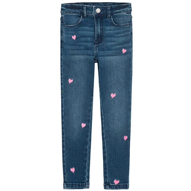 Παντελόνι τζιν σκούρο μπλε με κεντημένες ροζ καρδούλες