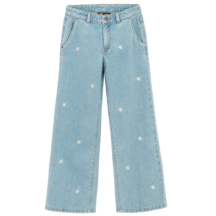 Wide leg denim trousers with daisies