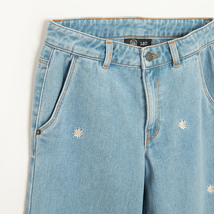 Wide leg denim trousers with daisies