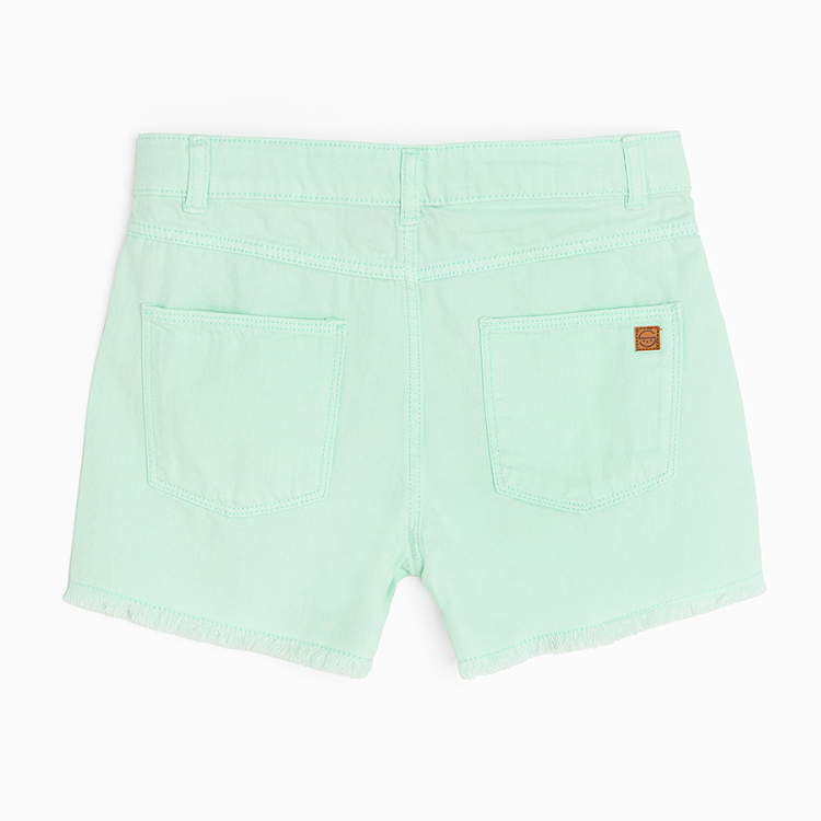 Turquoise denim shorts with back pockets on the front
