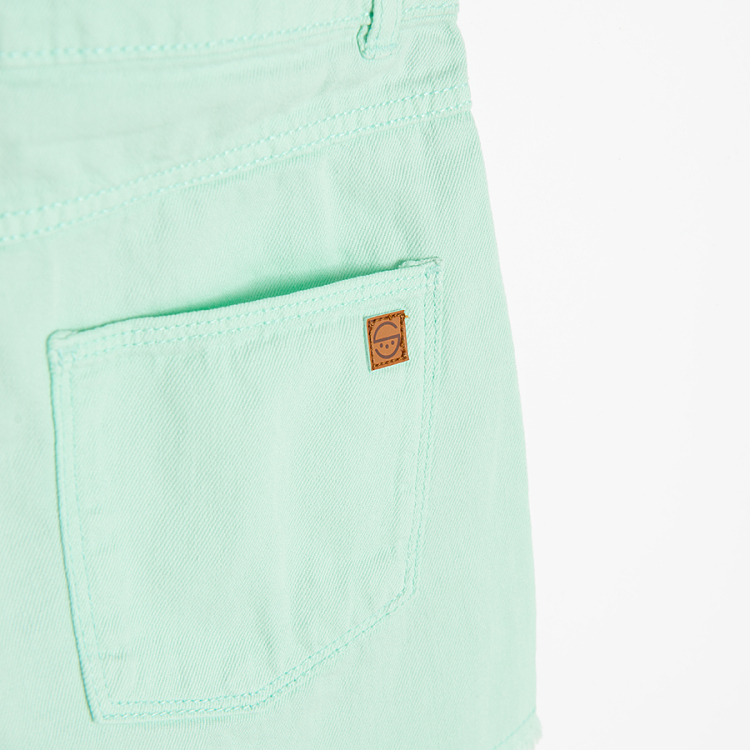 Turquoise denim shorts with back pockets on the front