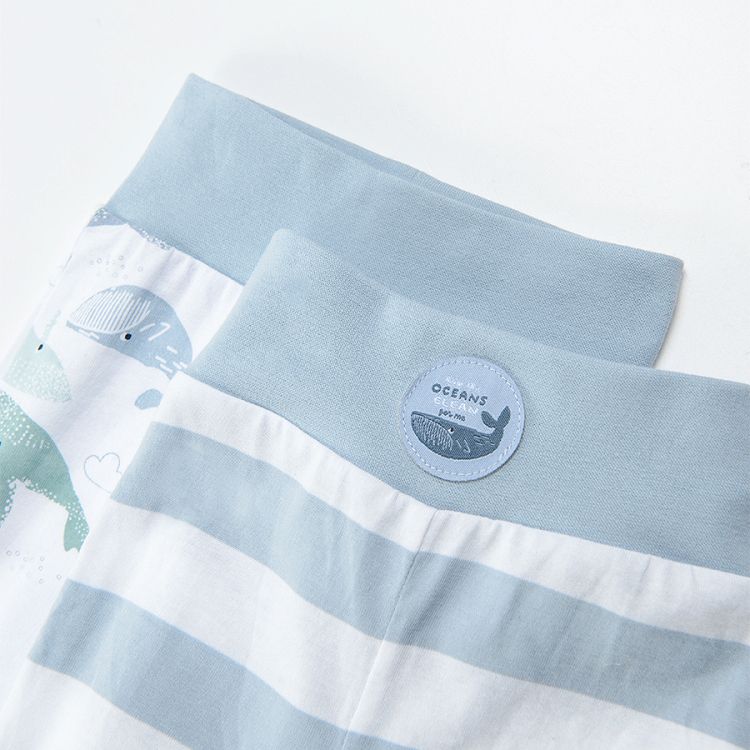 Light blue and white stripes and white with whales print joggers 2-pack