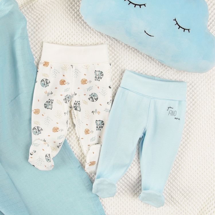 Light blue and white with racoon print footed leggings- 2 pack