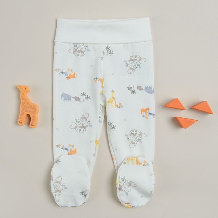White with giraffes print and olive footed with ears jogging pants- 2 pack